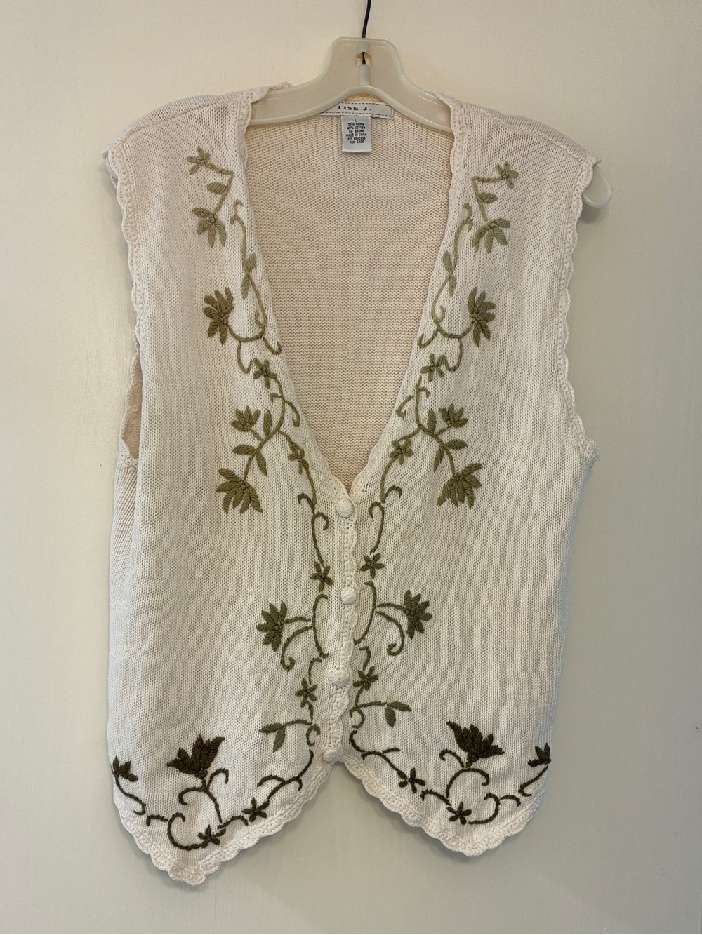 Vintage Lise J Cream Knit Vest with Green Vine Embroidery